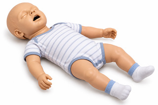 infant cpr training manikin on white