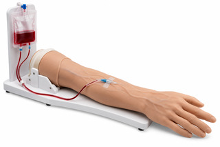 iv training arm with simulated blood bag